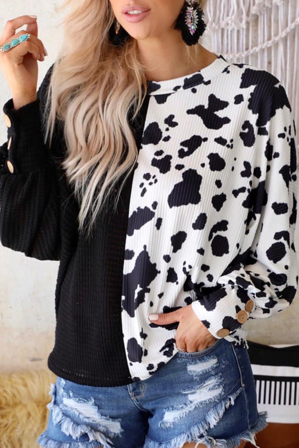 Cow Patchwork Waffle Knit Long Sleeve Top