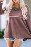 Waffle Knit V Neck Long Sleeve Babydoll Top