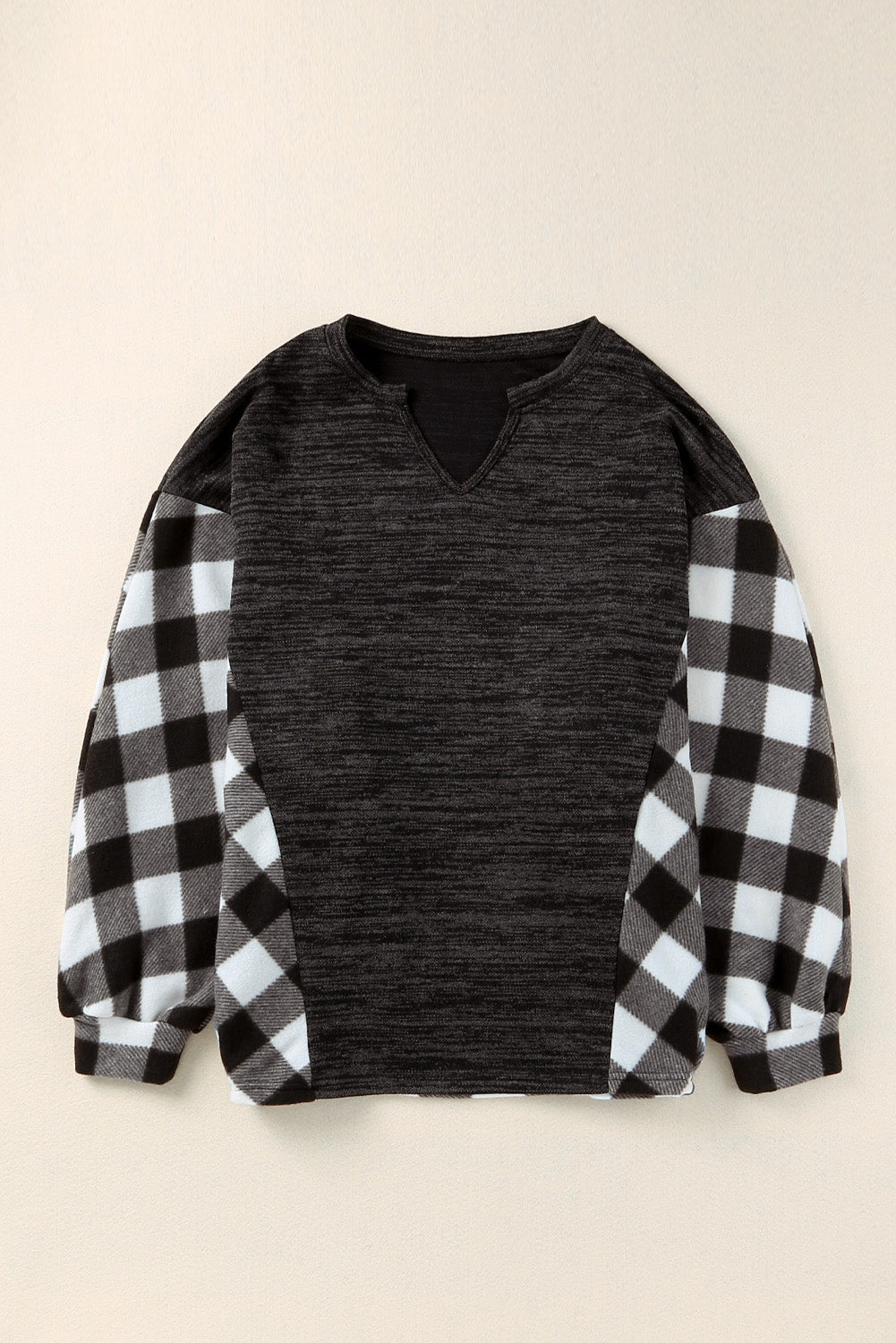 Buffalo Plaid Splicing Split Neck Knit Top