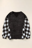 Buffalo Plaid Splicing Split Neck Knit Top