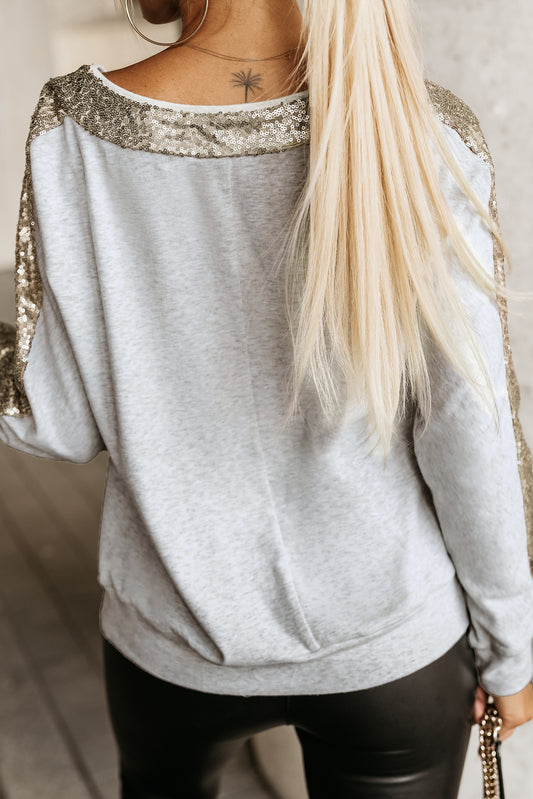 Sequin Patchwork V Neck Long Sleeve Top