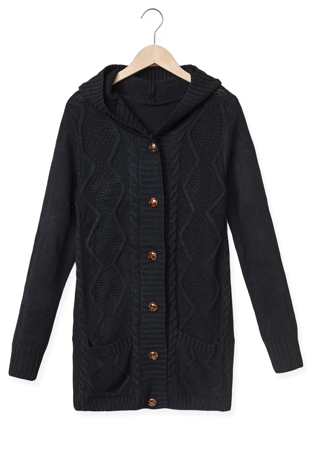 Twist Pattern Knit Button Front Hooded Cardigan