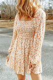 Apricot Boho Floral Smocked Puff Sleeve Mini Dress