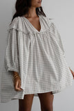 White Stripe Checkered Frilled V Neck Bracelet Sleeve Babydoll Dress