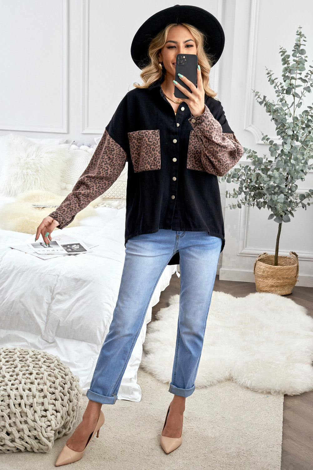 Contrast Leopard Denim Jacket