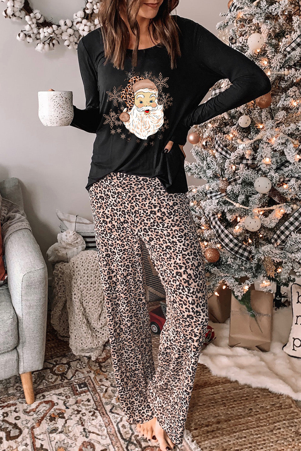 Long Sleeve Top and Leopard Print Pants Lounge Set