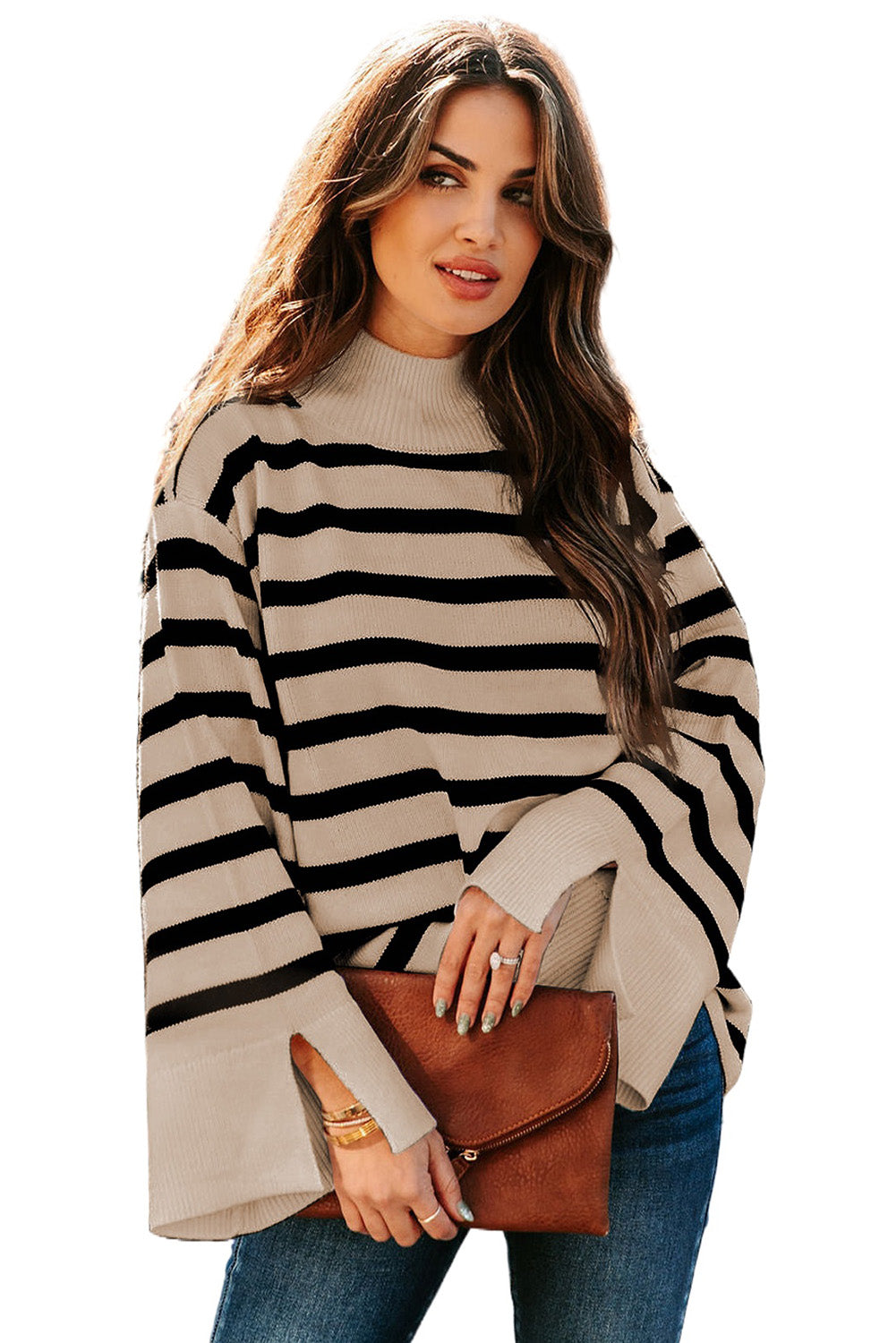 Striped Mock Neck Bell Sleeve Knit Sweater