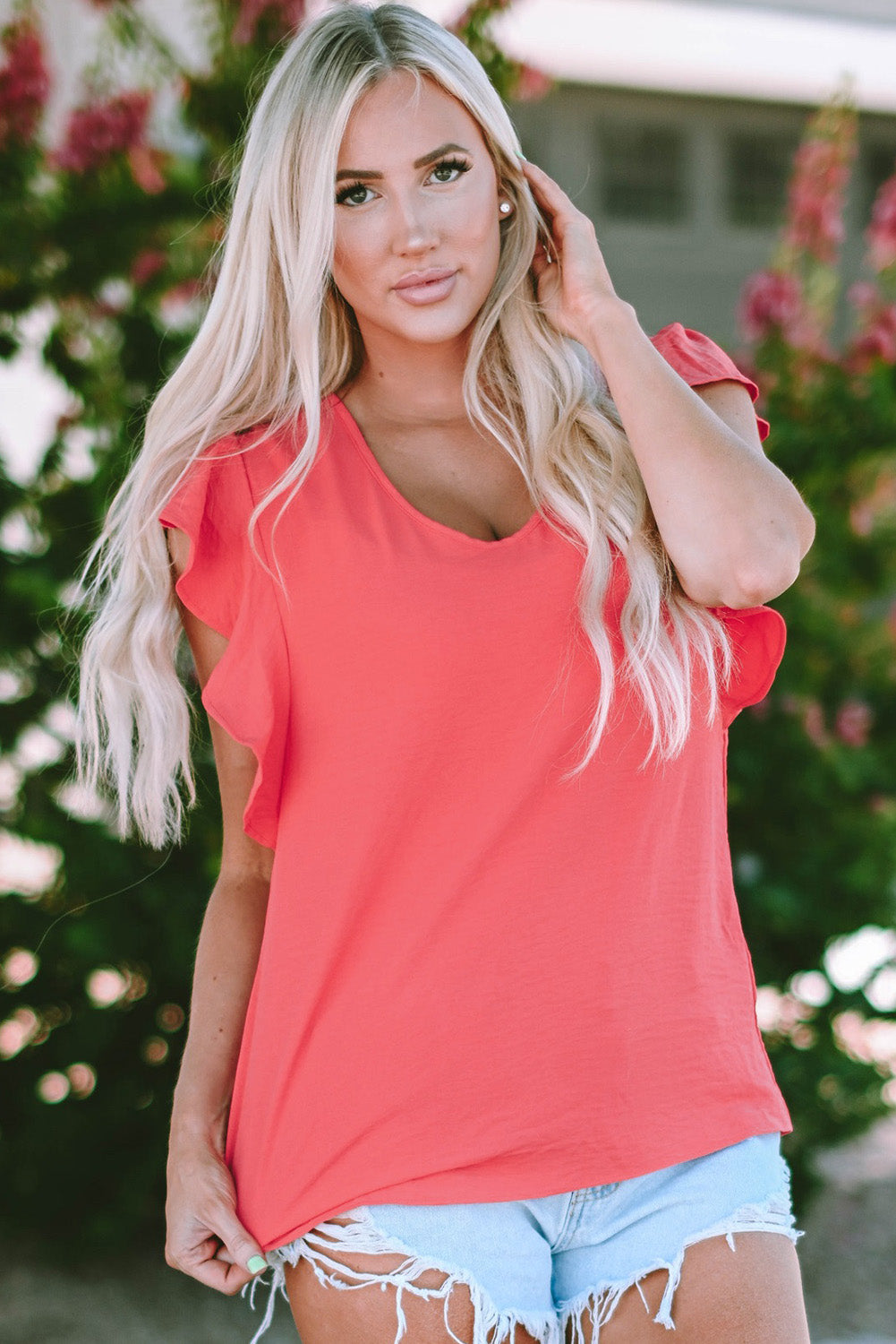 V Neck Ruffle Sleeve Loose Top