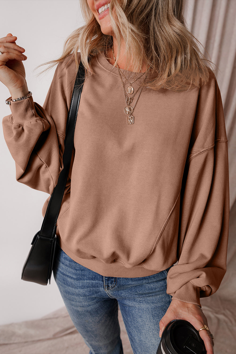 Orchid Petal Exposed Seam Batwing Sleeve Drop Shoulder Sweatshirt