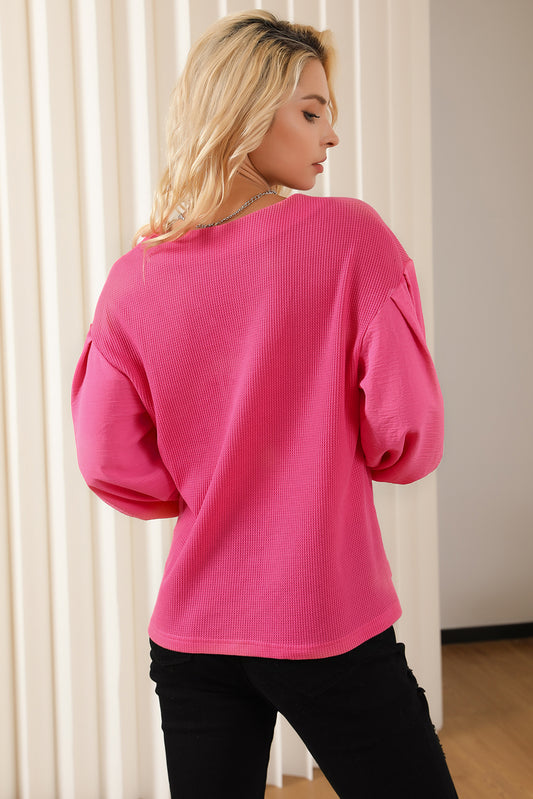 Rose Waffle Knit Balloon Sleeve Splicing V Neck Top