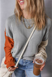 Coffee Colorblock Bishop Sleeve Ribbed Trim Sweater