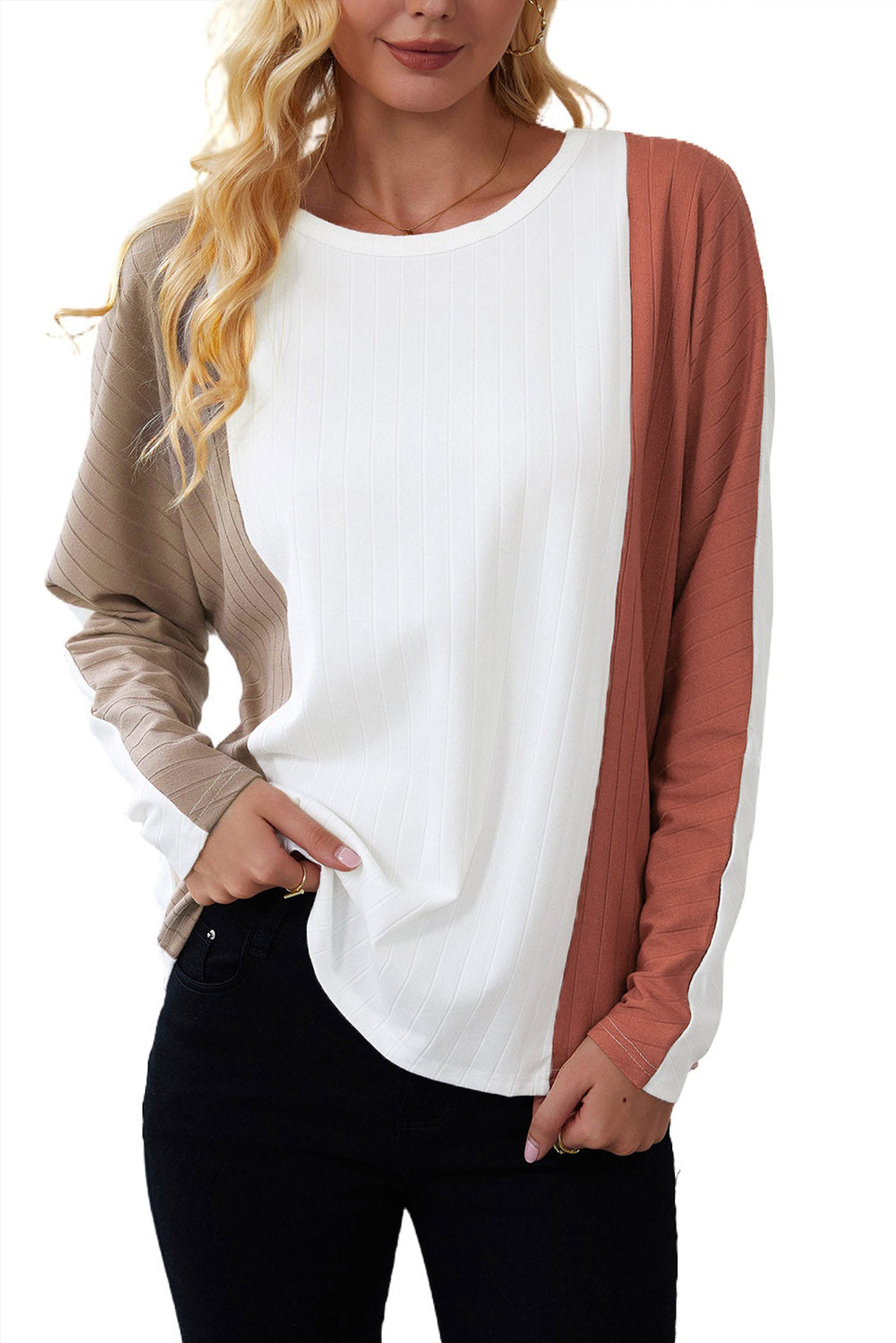 Haut en tricot Dolman color block abricot