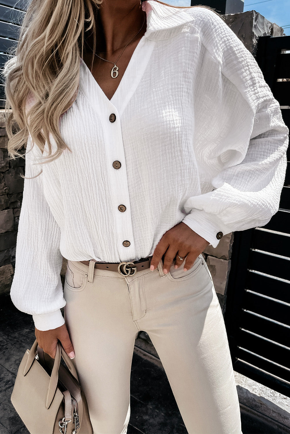 Turn-down Collar V Neck Crinkled Cuffed Shirt