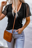 Sheer Ruffle Sleeve V Neck Ribbed Top