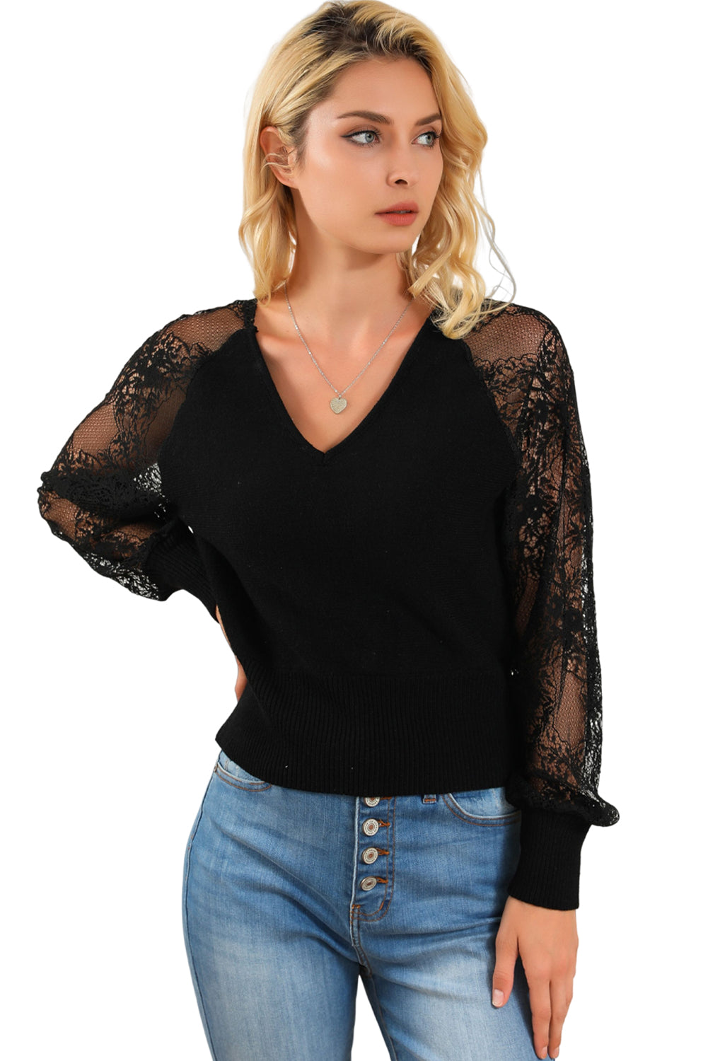 V-Neck Lace Sleeve Pullover Sweater