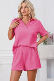 Rose Crinkle Textured Polo Shirt and High Waist Shorts Set