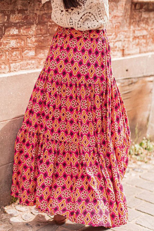 Vintage Boho Floral Print Tiered Maxi Skirt