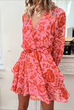 Floral Ruffle Layered Puff Sleeve Surplice Dress