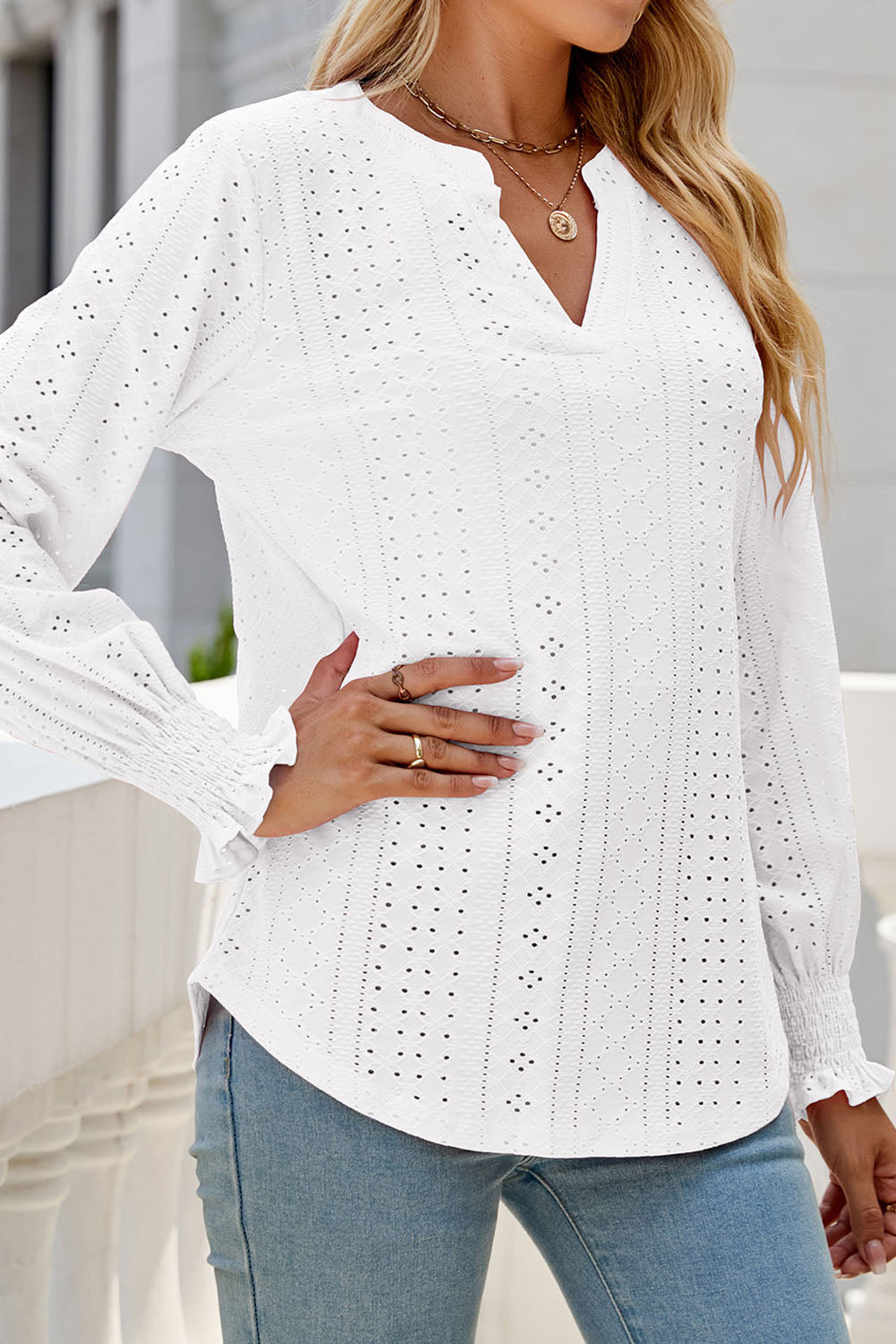 Split Neck Textured Loose Blouse