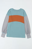 Green Colorblock Striped Bishop Sleeve Top