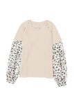 Leopard Print Patchwork Lantern Sleeve Waffle Knit Top