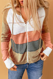 Zipped Front Colorblock Hollow-out Knit Hoodie