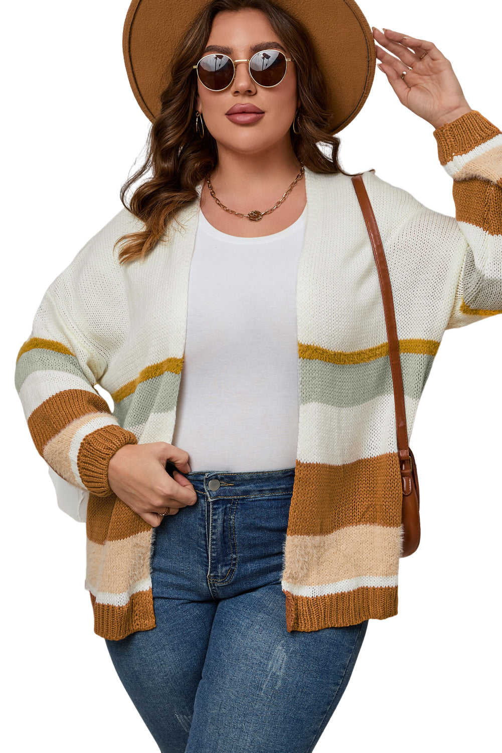 Cardigan ouvert sur le devant à imprimé rayé beige de grande taille