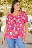 Pink Plus Size Square Neck Floral Blouse