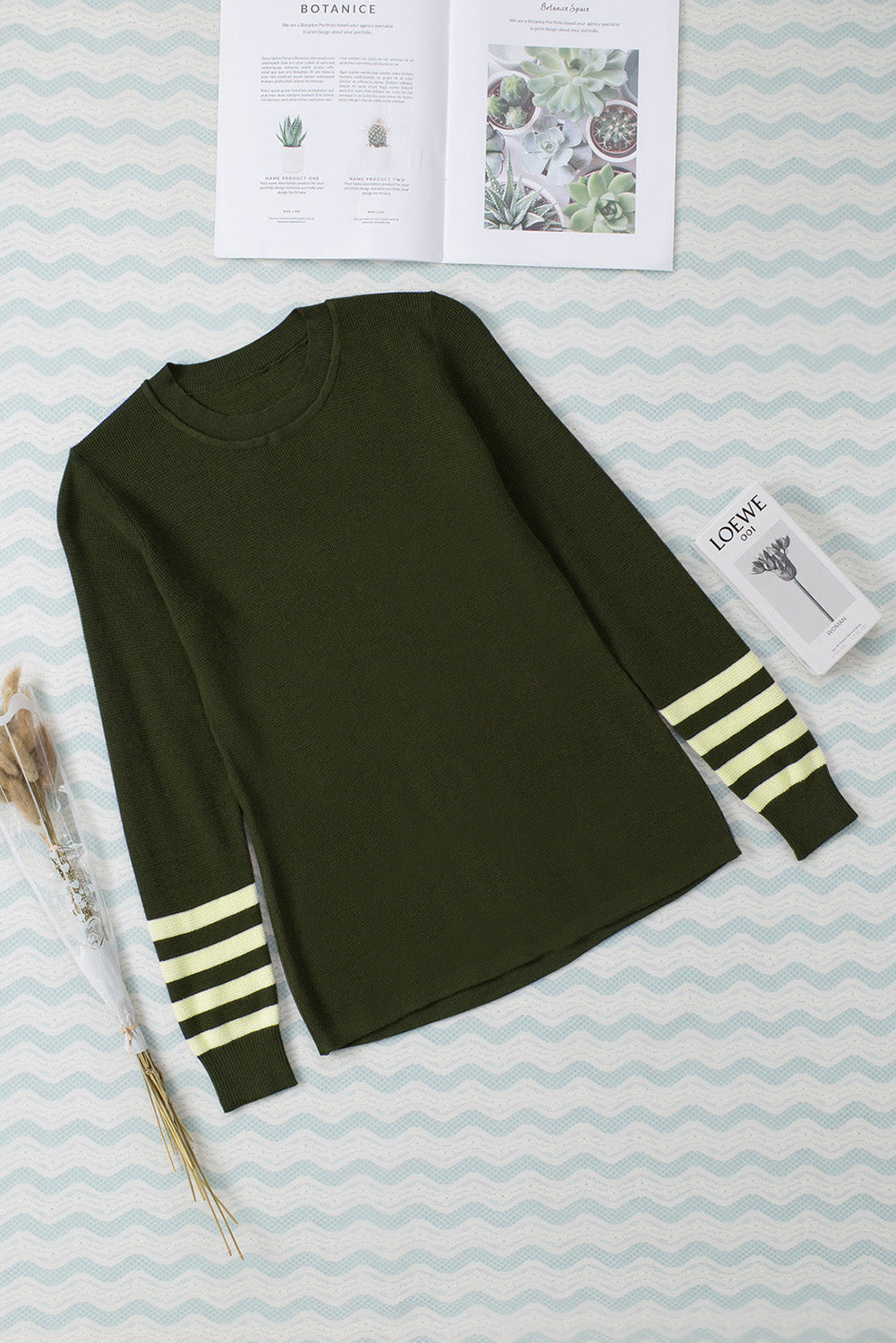 Striped Sleeve Plain Knit Sweater