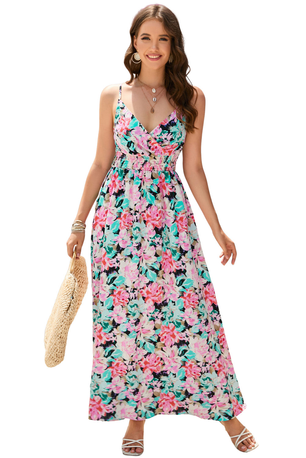 Robe longue florale à col en V et taille élastique vert 