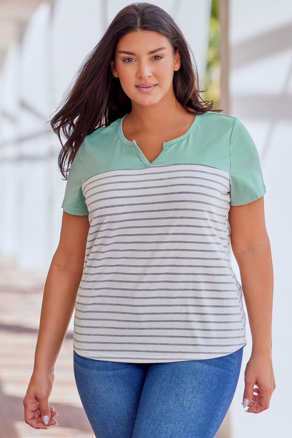 Contrast Striped Plus Size Short Sleeve Tee