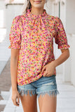 Boho Floral Ruffle Short Sleeve Frill Mock Neck Blouse