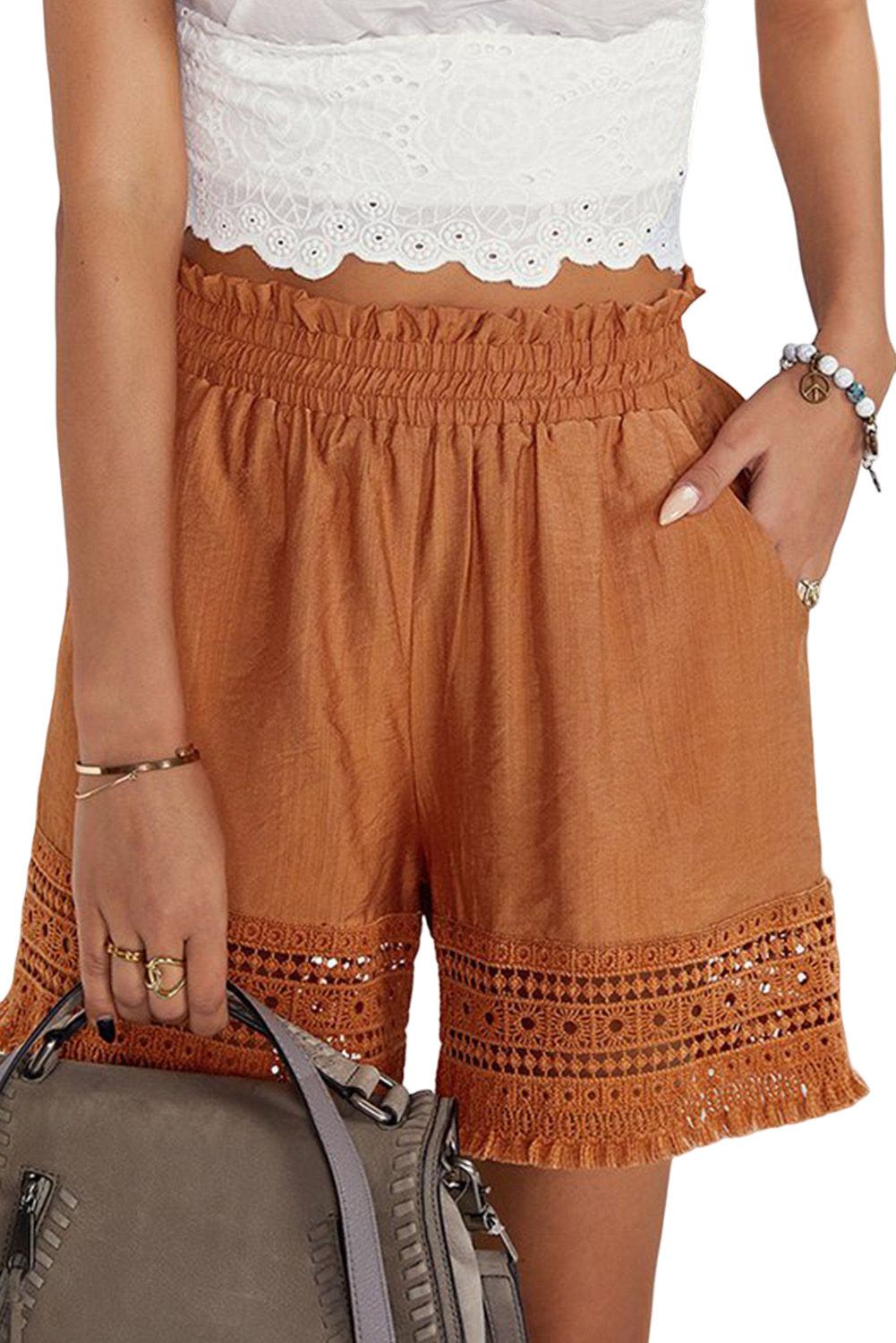 Smocked Waist Crochet Hem Casual Loose Shorts