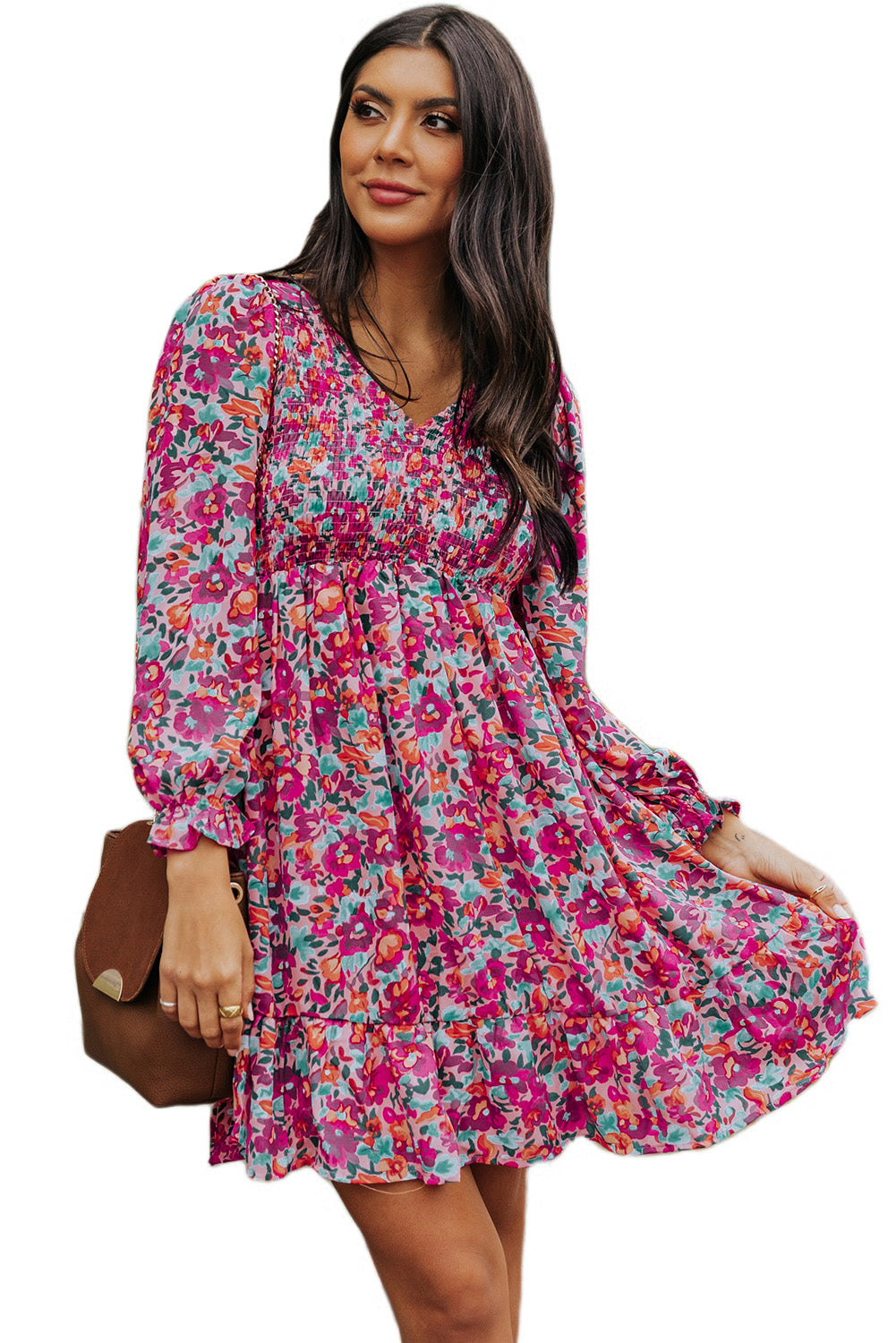 Smocked V Neck Puffy Sleeve Floral Dress