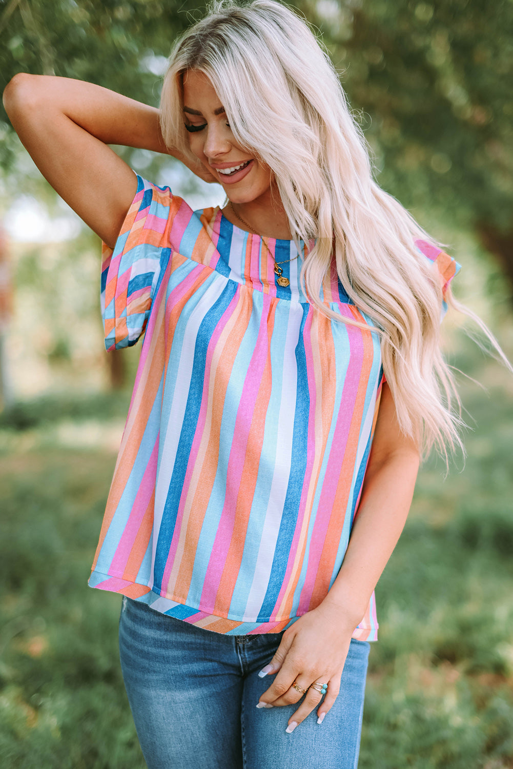 Striped Tiered Ruffle Cap Sleeve Top