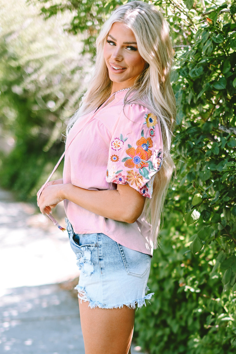 Pink Floral Embroidered Puff Sleeve Split Neck Blouse