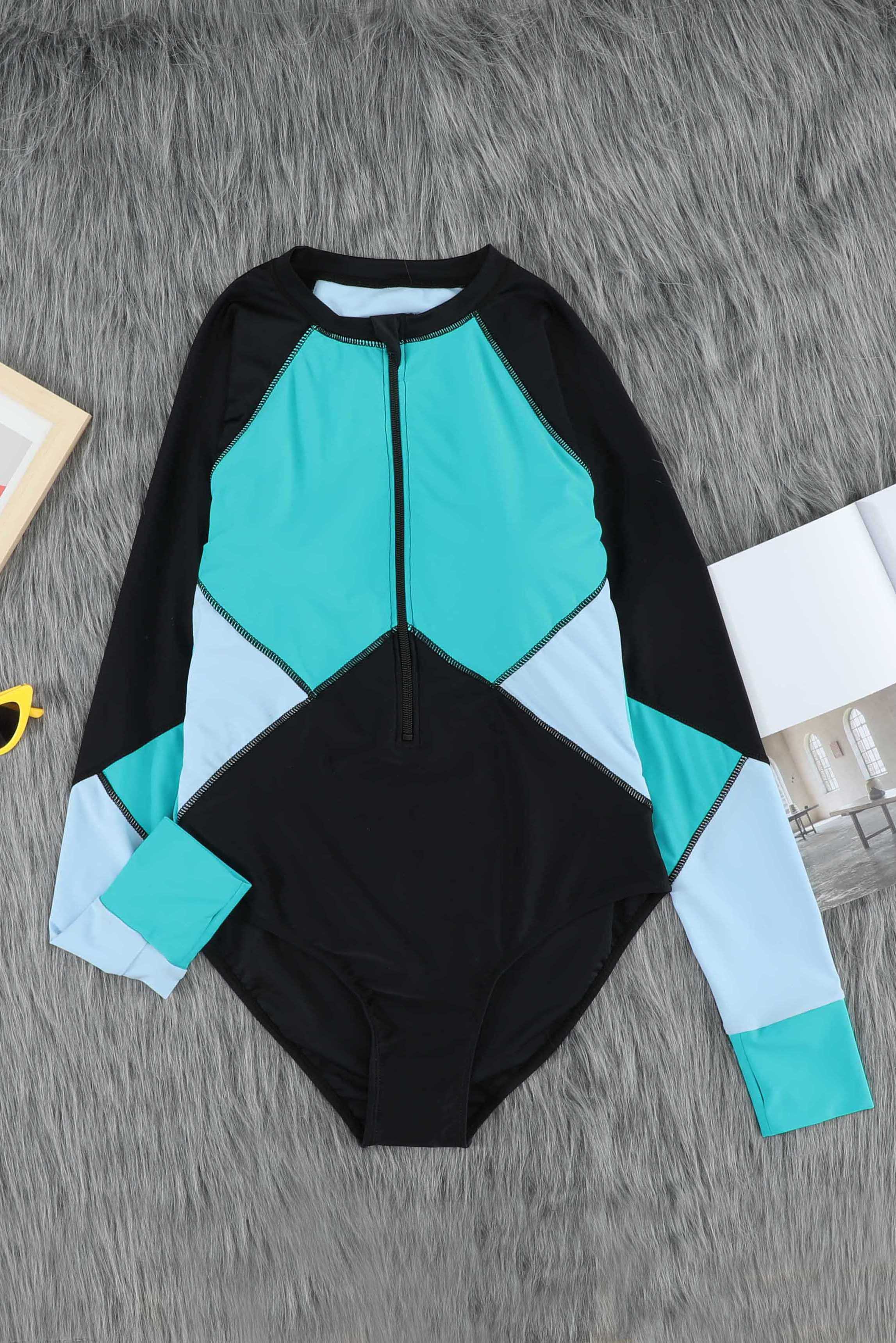 Color Block Zipper Long Sleeve Rash Guard Swimwear