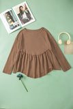 Brown Solid Color Ribbed Long Sleeve Peplum Blouse