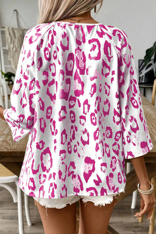 Rose Leopard Print Ruched V Neck 3/4 Sleeve Blouse