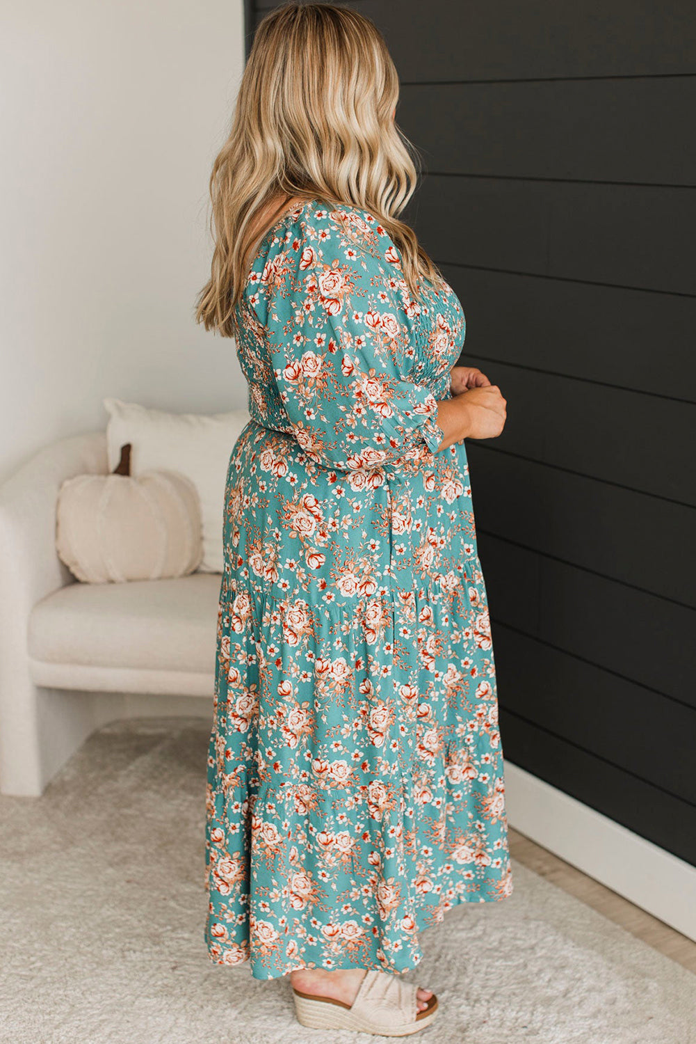 Green Plus Size Floral Print Square Neck Smocked Maxi Dress