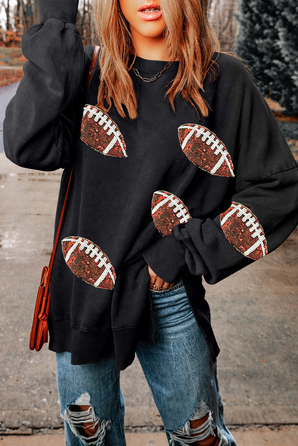 Black Sequined Rugby Graphic Open Back Sweatshirt