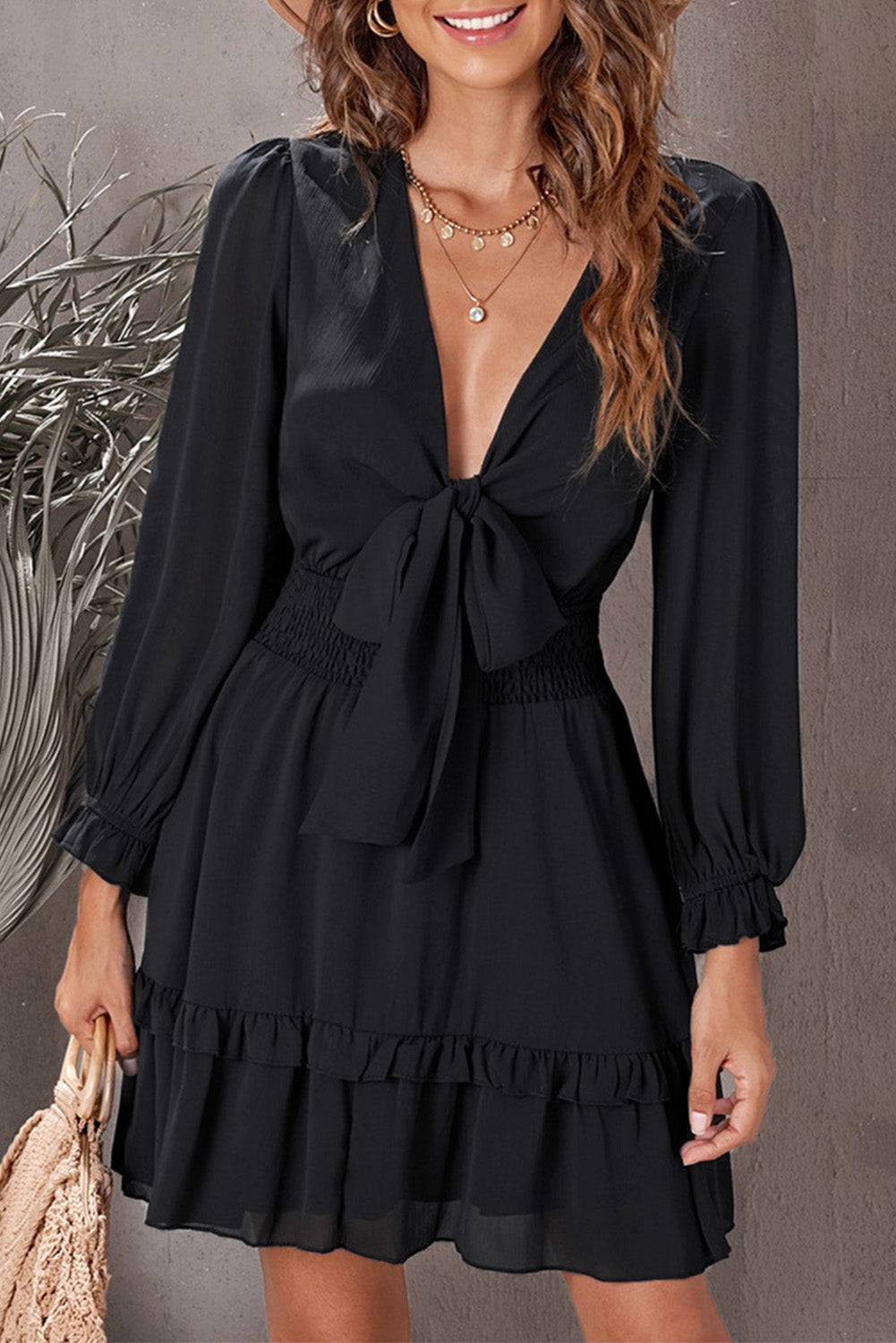 Deep V Neck Lantern Sleeve Knotted Tiered Mini Dress