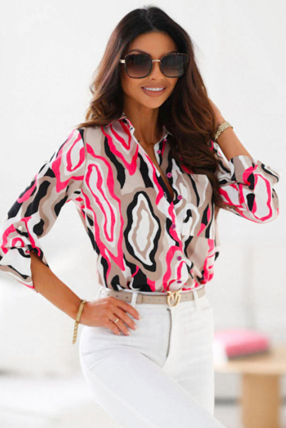 Abstract Print Roll-tab Sleeve Chest Pocket Shirt