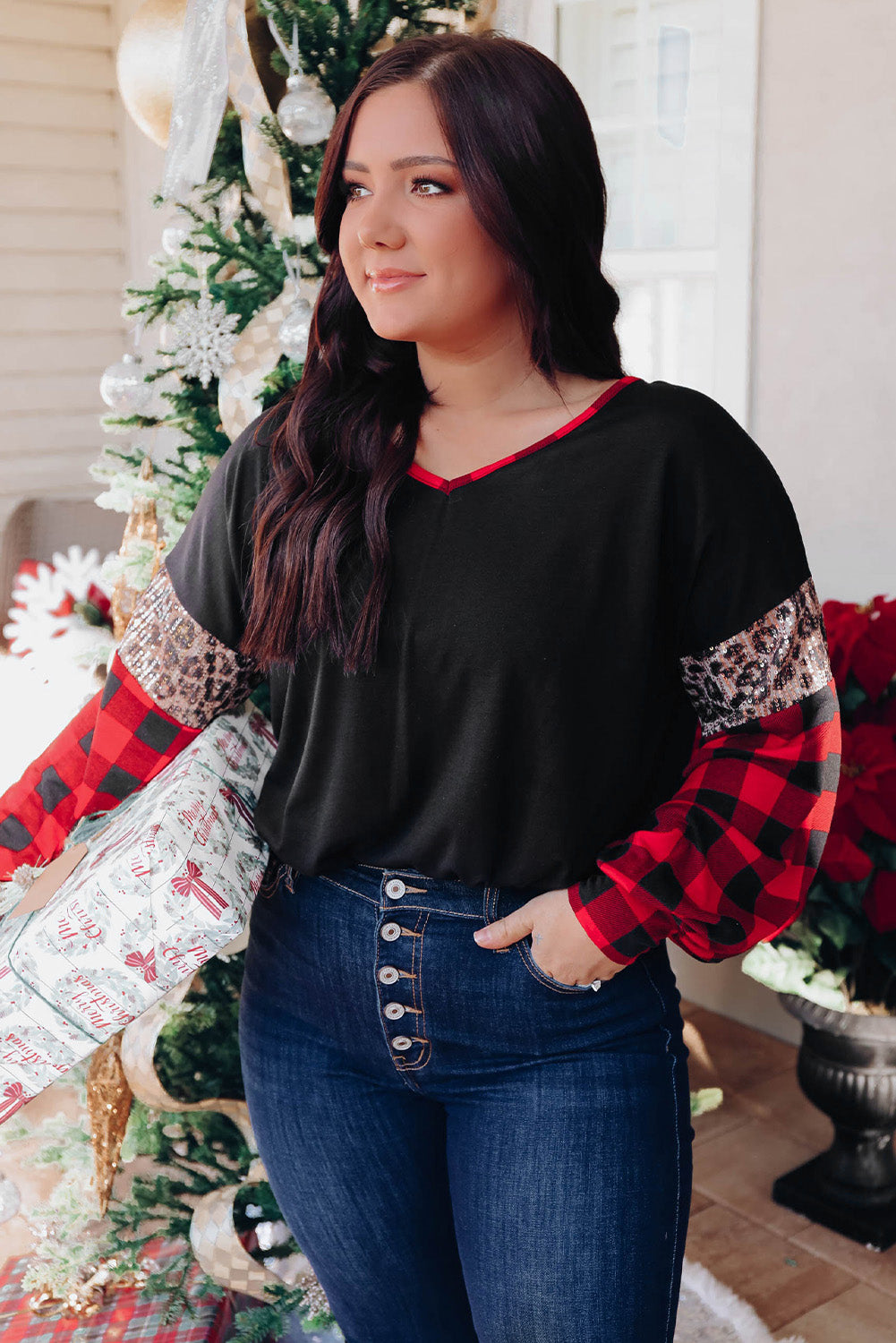 Haut noir à sequins léopard à carreaux et motif sapin de Noël de grande taille