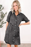 Beau Blue Mineral Wash Ruffled Short Sleeve Buttoned Denim Dress