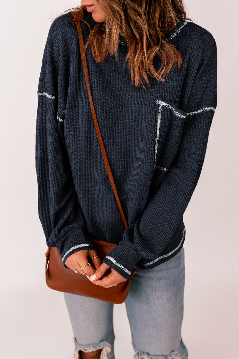 Contrast Stitching Trim Waffle Knit Pullover