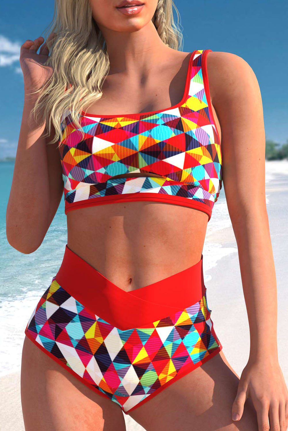 2pcs Geometric Print Notch High Waisted Bikini