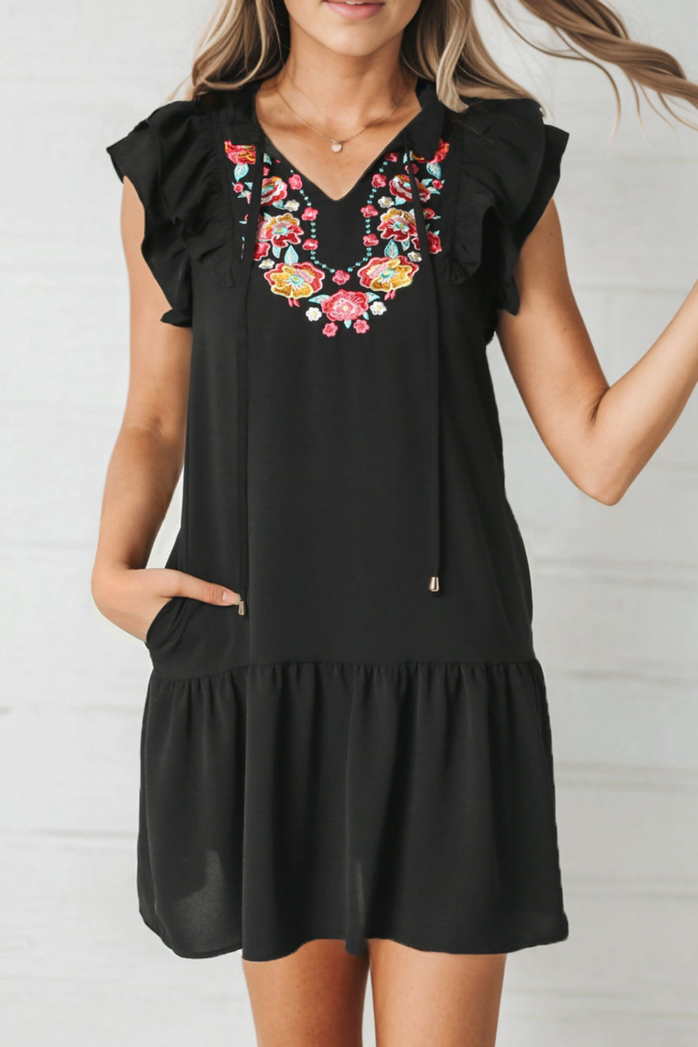 Floral Embroidered Ruffled Puff Sleeve Blouse