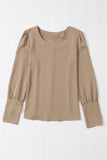 Brown Plain Button Back Cuffed Puff Sleeve Blouse