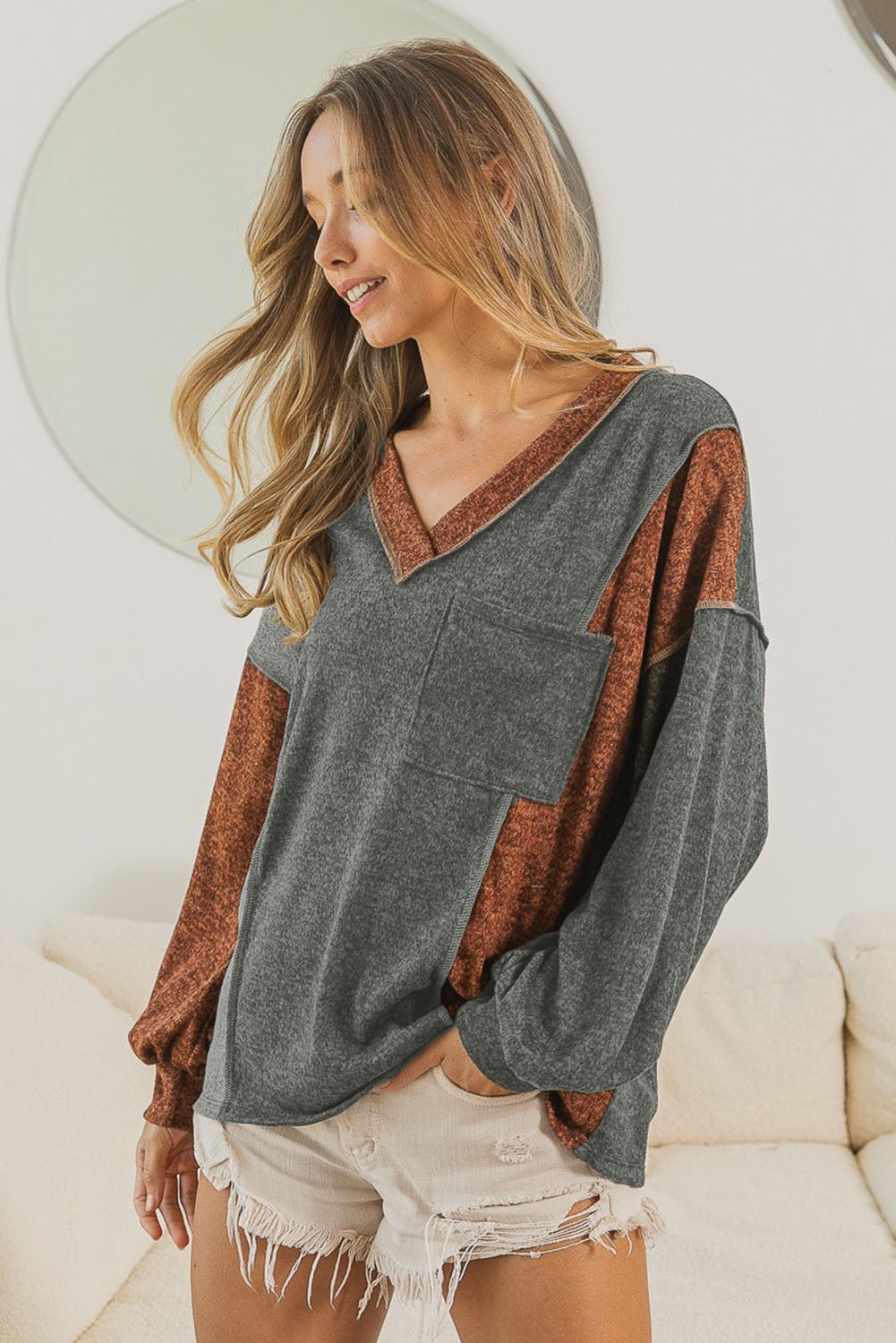 V Neck Color Block Patchwork Loose Pullover